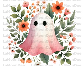 Pastel Halloween Ghost PNG, Floral Watercolor Clipart (Digital Download)