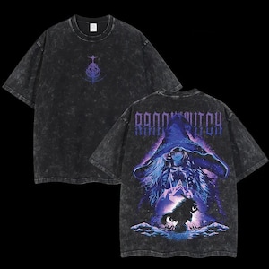 May include: Black acid wash t-shirt with a purple graphic on the front and back. The back features a witch with a large hat and the text "Ranni Witch". The front has a purple symbol.