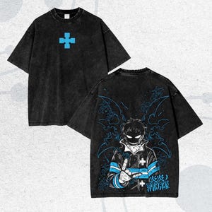 May include: Black graphic t-shirt featuring a blue cross on the front and an anime-style illustration on the back. The illustration shows a character with a mask and the text "Fire Force".
