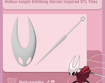 May include: A digital rendering of a Hollow Knight Silksong Hornet-inspired STL file. The image features a stylized white mask, a long, thin, gray needle-like object, and a cartoon illustration of Hornet in a red cloak.
