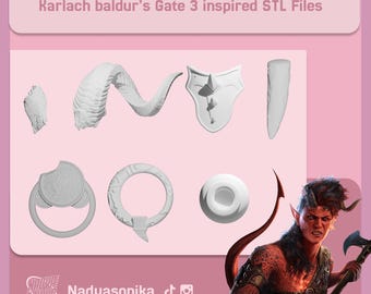 May include: A collection of white 3D-printed STL files inspired by Karlach from Baldur's Gate 3, including horns, a shield, and other character-related accessories. The image also features a digital illustration of Karlach.