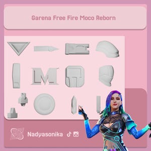May include: A pink graphic featuring the text "Garena Free Fire Moco Reborn" and various 3D-rendered shapes. A woman with blue and purple hair and a futuristic outfit is also shown. The image includes social media handles.