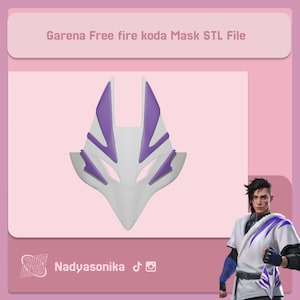 Pode incluir: Uma máscara branca e roxa com um design semelhante a uma raposa, com ângulos agudos e uma aparência estilizada. O texto "Garena Free fire koda Mask STL File" é exibido na parte superior. A máscara é provavelmente para cosplay ou jogos.