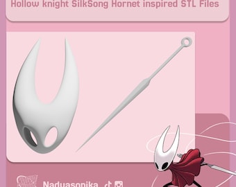 May include: A digital rendering of a Hollow Knight SilkSong Hornet-inspired STL file. The image features a white mask with two eye holes, a long, thin, white needle, and a character illustration. Text at the top reads "Hollow knight SilkSong Hornet inspired STL Files".