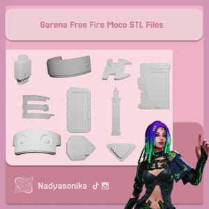 May include: A pink graphic featuring the text "Garena Free Fire Moco STL Files" and various 3D-rendered white objects. A character with purple and green hair is on the right side of the image.