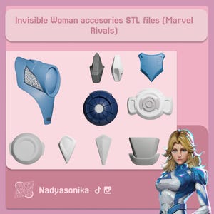 Può includere: Una grafica rosa con vari accessori blu e bianchi, presumibilmente per la stampa 3D, con il testo "Invisible Woman accesories STL files (Marvel Rivals)". Una donna bionda in un abito blu e bianco è in basso a destra.