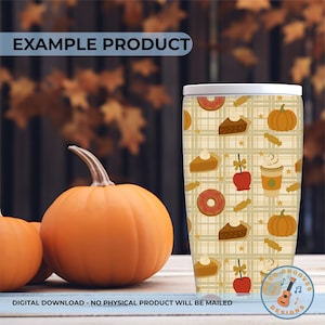 May include: A white-topped tumbler with a fall-themed pattern featuring pumpkins, donuts, pie slices, and caramel candies. The tumbler is set against a blurred background with pumpkins and fall foliage. The text "EXAMPLE PRODUCT" is visible.