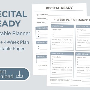 May include: A printable planner titled "RECITAL READY" with a 4-week performance plan. The design includes space for weekly goals, practice days, and confidence levels. The planner is designed for music students and is available for instant download.