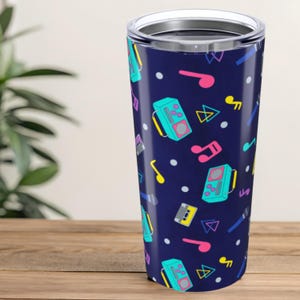 80s Music Travel Mug: Retro Boombox Cassette Design - 20oz Insulated Cup