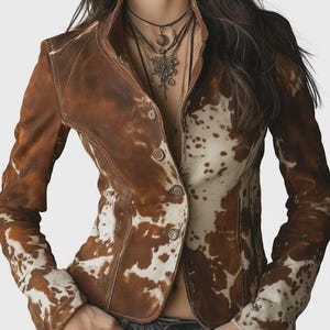 Puede incluir: Chaqueta marrón y blanca con estampado de piel de vaca, con cuello alto y tres botones. La chaqueta tiene una silueta entallada y mangas largas. La chaqueta está hecha de un material similar al cuero.