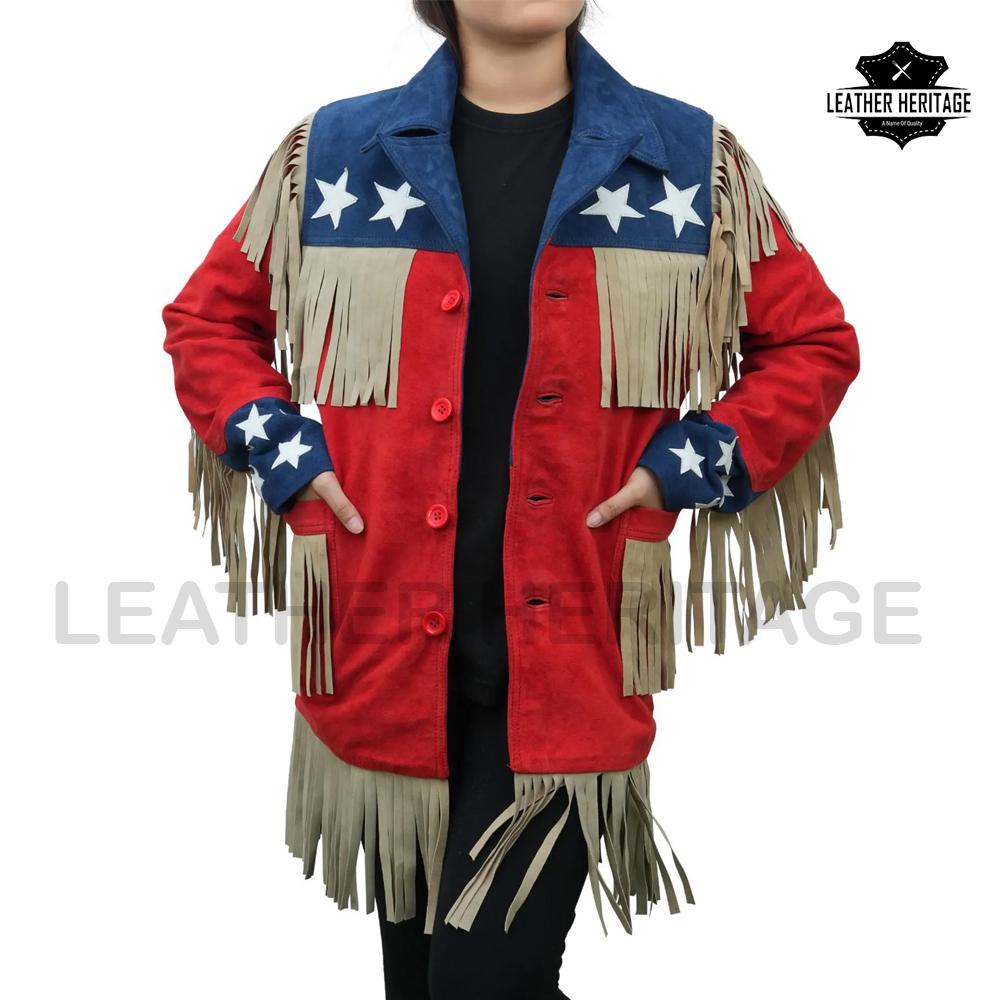 Giacca in pelle con frange vintage da donna, giacca western in pelle scamosciata rossa, giacca in pelle scamosciata con bandiera americana, elegante cappotto con frange per lei, giacca da donna