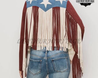 Giacca in pelle con frange vintage da donna, giacca western in pelle scamosciata rossa, giacca in pelle scamosciata con frange da donna, elegante cappotto con frange per lei