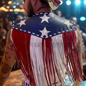 Customized American Flag Leather Fringe Vest, Unisex Western Style, Handmade Genuine Leather, Patriotic Festival Wear, All Sizes Available