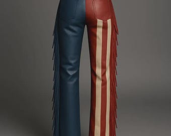 Handmade American Flag Leather Fringe Pants, USA Cowboy Festival Outfit, Patriotic Western Rodeo Chaps, Unisex Country Concert Costume