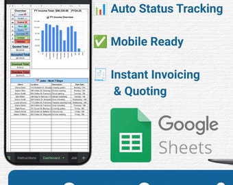 Seguimiento de trabajos y facturas / Plantilla de Hojas de cálculo de Google / Cotizaciones, facturas, registro de trabajos / Compatible con dispositivos móviles / Herramienta para pequeñas empresas