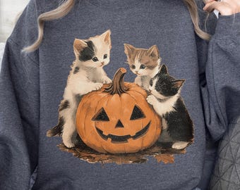 Vintage 90s Cat Halloween sweatshirt, Retro Halloween sweatshirt, Spooky Season Tee, Pumpkin Cat Lover Shirt, Black Cat Sweatshirt