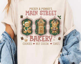 Comfort Colors® retro Mickey Minnie peperkoek kerstshirt, Mickey Minnie Main Street Bakery-T-shirt, Disney kerst-T-shirt, kerstfeest