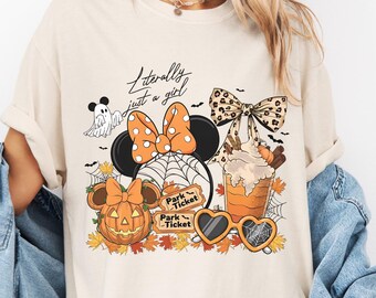 Comfort Colors® Literally Just A Girl Shirt, Minnie Bow Coffee Tee, Disney Pumpkin Fall Tee, Disneyland Halloween Tee, Disney Girl's Trip