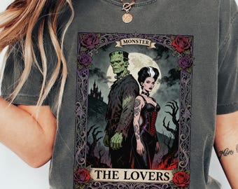 Comfort Colors® Frankenstein and Bride The Lovers Tarot T-Shirt, Gothic Halloween Shirt, Vintage Horror Tee, Romantic Tarot Lovers Tee