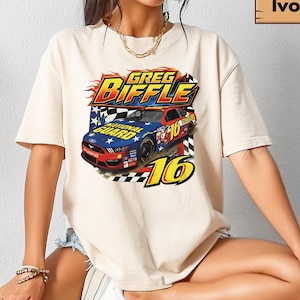 May include: Cream-coloured t-shirt with a colourful graphic of a race car, the text "GREG BIFFLE", and the number "16". The design incorporates flames, a chequered flag, and the words "NATIONAL GUARD".