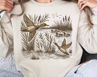 Felpa autunnale retrò con anatre domestiche, completo con anatre acquatiche anni '90, maglietta vintage con anatre, maglietta per amanti degli animali, felpa con cappuccio autunnale vintage, graziosa maglietta autunnale