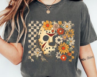 Comfort Colors© Retro Jason Voorhees Killer Halloween Shirt, Floral Halloween Coquette Tee, Halloween Movie Tee, Horror Halloween Characters