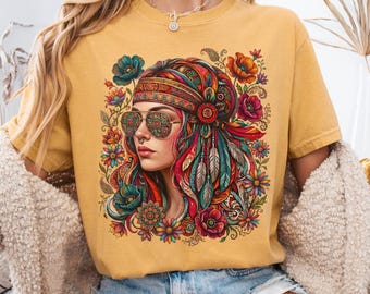 Hippie Girl Nostalgia Shirt, Groovy 70s Retro Vibe-Peace Love Wildflower Tshirt,Colorful Floral Hippy Gifts, 60s Vibes Tee-Vintage Style Top