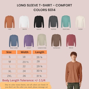Puede incluir: Una carta de colores de camisetas de manga larga con once tonos: yam, blanco, negro, pimienta, espuma de mar, marfil, azul jean, violeta, arenisca, espresso y ladrillo. Incluye una tabla de tallas con medidas en pulgadas.