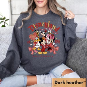 May include: Dark grey sweatshirt with a Disneyland graphic. The graphic features Mickey Mouse, Minnie Mouse, Donald Duck, Daisy Duck, Goofy, and Pluto. The text "Disneyland" is in red script, with "est. 1955" and "California" below.