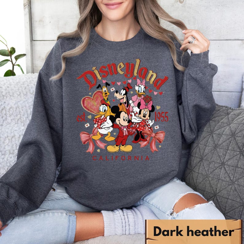 May include: Dark grey sweatshirt with a Disneyland graphic. The graphic features Mickey Mouse, Minnie Mouse, Donald Duck, Daisy Duck, Goofy, and Pluto. The text "Disneyland" is in red script, with "est. 1955" and "California" below.