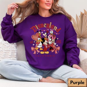 May include: A purple sweatshirt with a Disneyland graphic. The graphic features Mickey Mouse, Minnie Mouse, Donald Duck, Daisy Duck, Goofy, and Pluto. The text on the sweatshirt reads "Disneyland", "est. 1955", and "California".