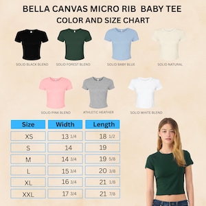 Puede incluir: Tabla de tallas y colores para camisetas de beb&eacute; Bella Canvas Micro Rib. La tabla muestra colores como negro, verde bosque, azul beb&eacute; y rosa. Las medidas son en cm, desde XS hasta XXL, con anchos de 33.66 cm a 45.08 cm y largos de 47 cm a 55.56 cm.