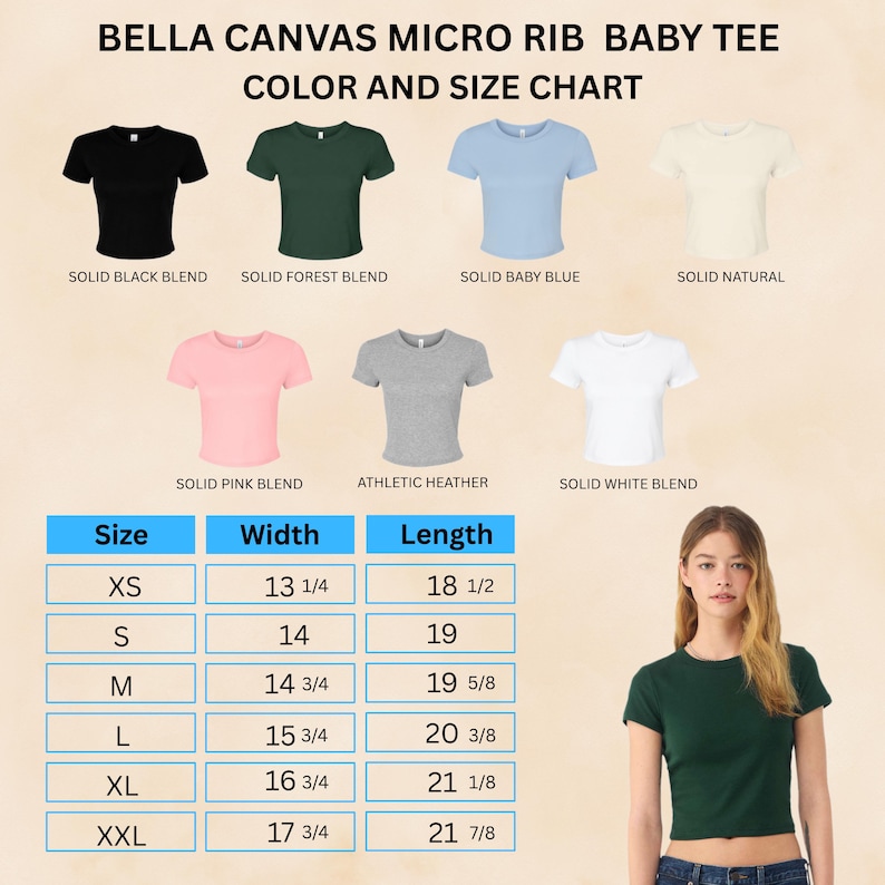 Puede incluir: Tabla de tallas y colores para camisetas de beb&eacute; Bella Canvas Micro Rib. La tabla muestra colores como negro, verde bosque, azul beb&eacute; y rosa. Las medidas son en cm, desde XS hasta XXL, con anchos de 33.66 cm a 45.08 cm y largos de 47 cm a 55.56 cm.