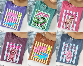 Comfort Colors® Striped Summer Animal Shirt, Preppy Summer Bay Coastal, After While Crocodile, Easy Tiger, Later Gator, Feral Raccoon Vogue