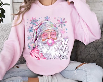 Sudadera navideña de Papá Noel para niñas, sudadera navideña con chicle, sudadera rosa navideña con capucha de Papá Noel, sudadera navideña para mamá y yo
