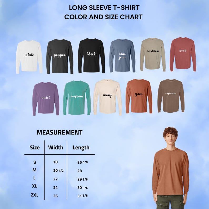 Op de afbeelding: Een kleuren- en maattabel voor longsleeve T-shirts. De tabel toont verschillende kleuren shirts, waaronder wit, zwart, blue jean en violet. Afmetingen worden gegeven voor maten S tot 2XL, met breedtes van 45.7 cm tot 66 cm en lengtes van 67.6 cm tot 80.3 cm.
