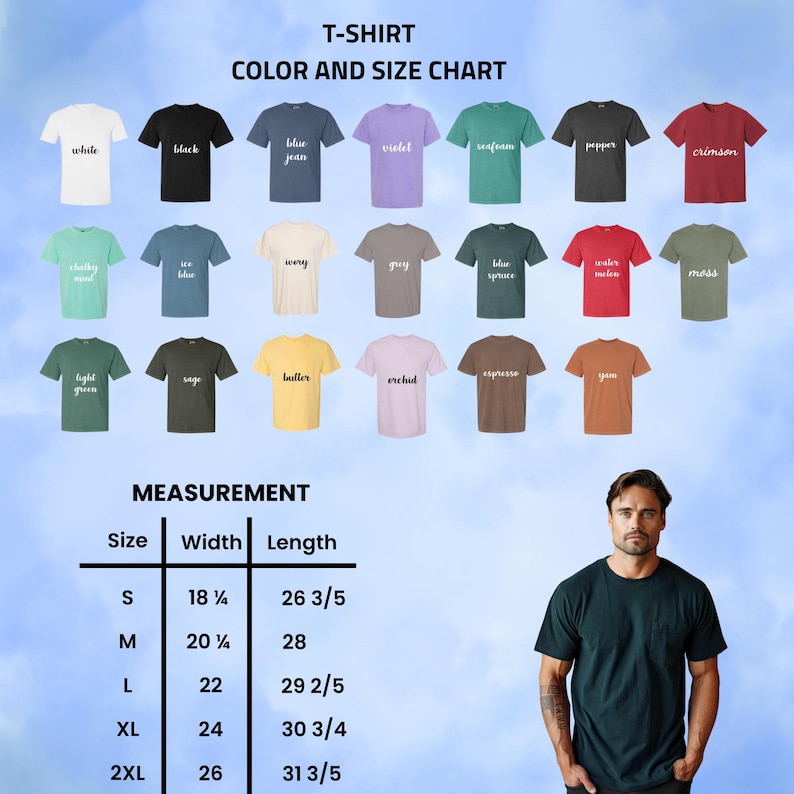 Op de afbeelding: Een kleuren- en maattabel voor t-shirts, met verschillende kleuren zoals wit, zwart en blauwe spijkerbroek. De tabel bevat afmetingen voor maten S tot 2XL, met breedtes van 46.36 cm tot 66.04 cm en lengtes van 67.5 cm tot 80.2 cm.