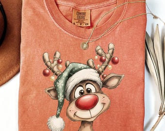 Maglietta con renna vintage Comfort Colors®, maglietta natalizia carina, maglietta con renna retrò, maglietta di buon Natale, maglietta con renna natalizia