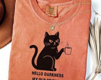 Comfort Colors® Halloween Cat Shirt, Hello Darkness My Old Friend, Minimalist Cat Tee, Witchy Aesthetic Cat Shirt, Fall Coffee T-Shirt