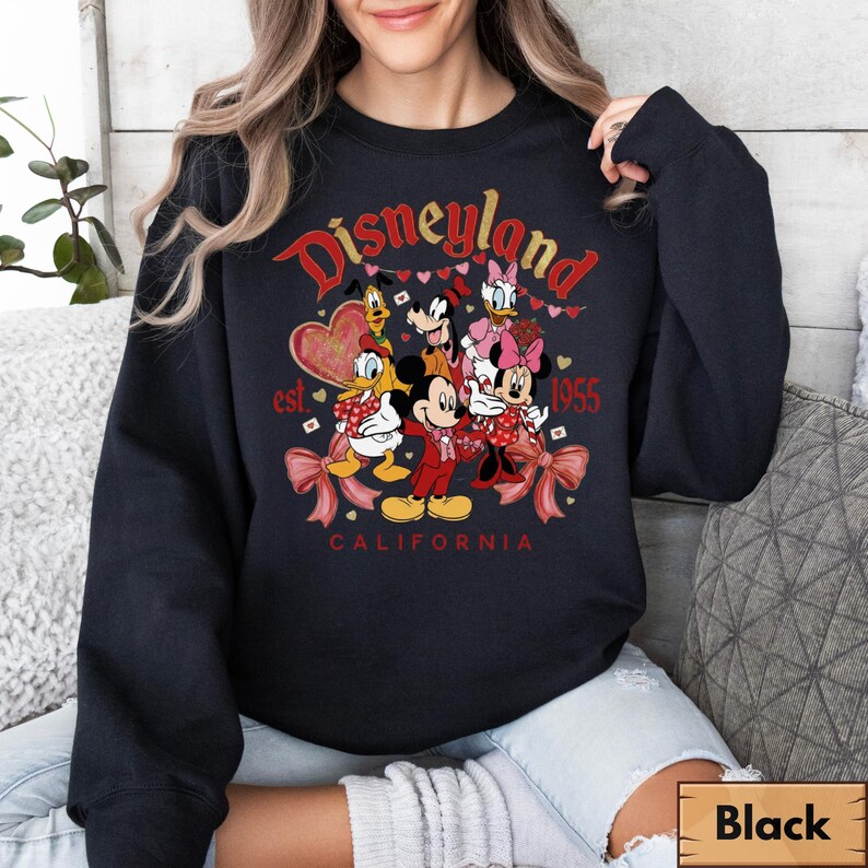 May include: Black sweatshirt with a Disneyland graphic featuring Mickey Mouse, Minnie Mouse, Donald Duck, Daisy Duck, Goofy, and Pluto. The graphic includes the text "Disneyland California est. 1955" in red and gold.