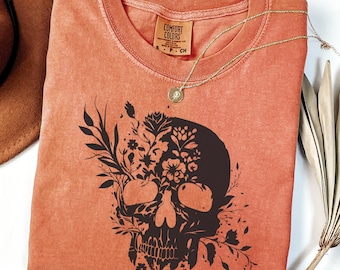 Comfort Colors® Floral Skeleton Shirt, Halloween Skull T-Shirt, Boho Spooky Tee, Large Skull with Flowers Graphic Image Vintage Fall TShirt