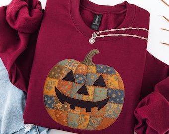 Bluza z nadrukiem dyni na Halloween w stylu retro patchwork, koszulka z dynią na Halloween, sweter na upiorny sezon, uroczy strój damski na Halloween, prezent na Halloween