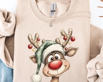Sudadera vintage de renos, Sudadera navideña adorable, Sudadera retro con capucha de renos, Sudadera de Feliz Navidad, Sudadera navideña de renos