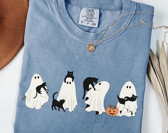 Comfort Colors® Halloween svart katt & spöke-tröja, Halloween spöke-tröja, läskig säsongskatt-tröja, söt Halloween-outfit för kvinnor, Halloween-present