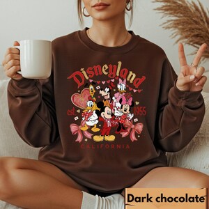 May include: A dark chocolate brown sweatshirt with the Disneyland logo and cartoon characters Mickey, Minnie, Donald, Daisy, Goofy, and Pluto. The graphic includes the text "est. 1955 CALIFORNIA" and pink bows.