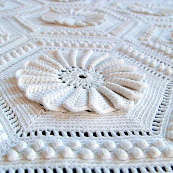 Vintage French Hand Crocheted Bed Coverlet with Sunflower Pattern