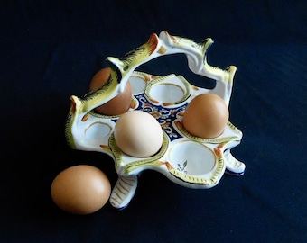 French Desvres Faience Egg Server Hand Painted