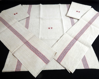 4 French Vintage Kitchen Towel  Torchon with Red and Blue Stripes