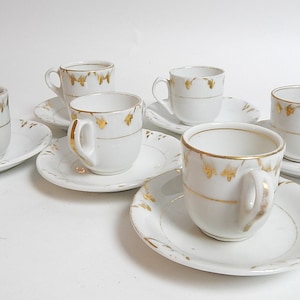 Set of 6 French Authentic Bistro  Cups with Saucers Brulots w/ Gold Decoration