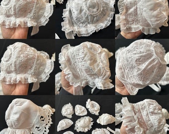 8 French Doll Bonnets Handmade  with Lace, Ruffles...Frou Frou!